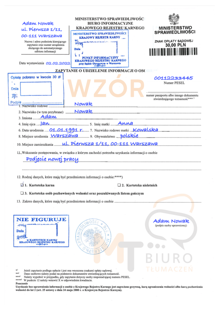 Przykład jak wygląda zaświadczenie o niekaralności z KRK.